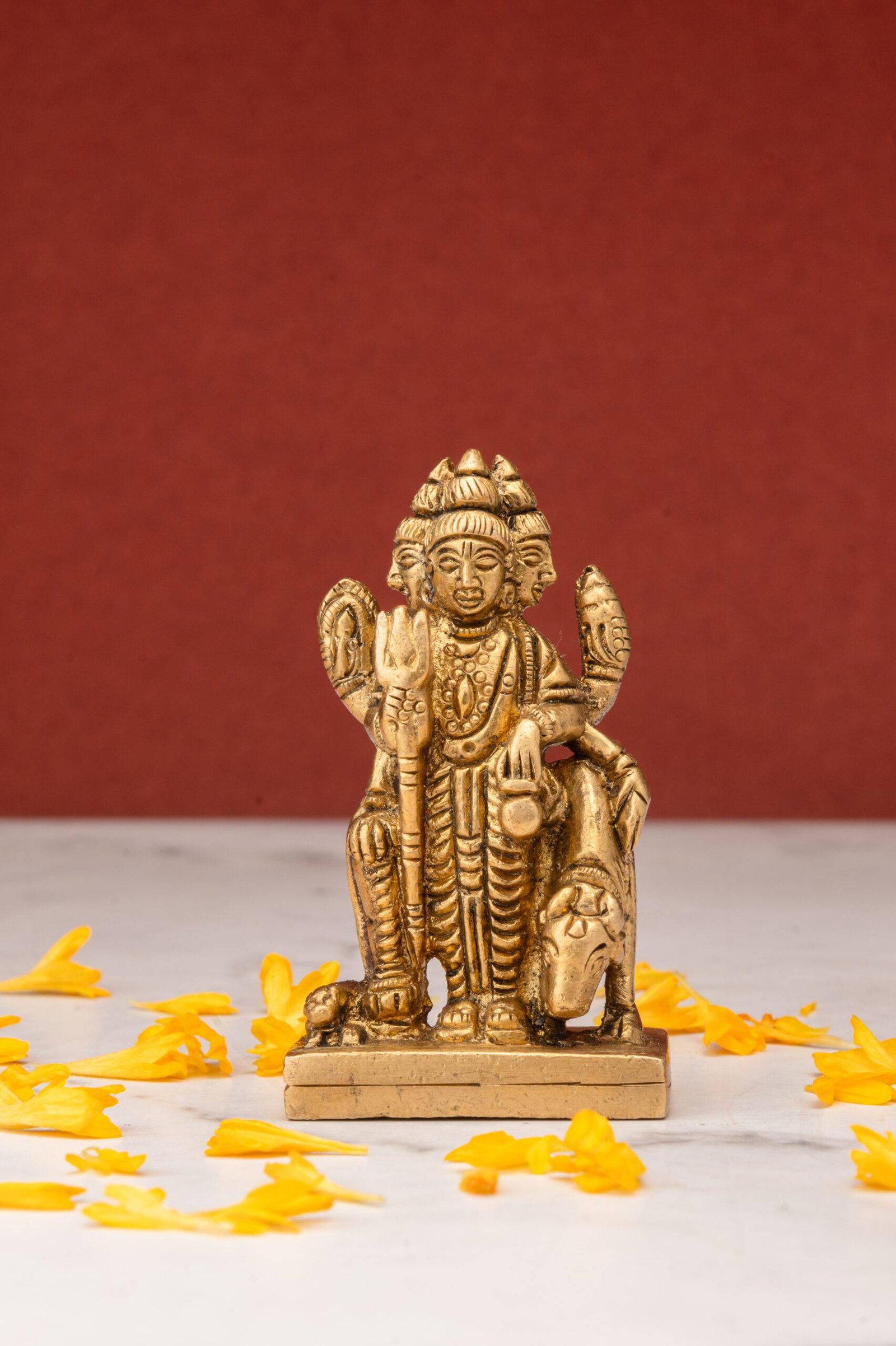 Brass-Dattatreya-43-6-scaled-1.jpg Superfine Standing Brass Dattatreya Idol – the Divine Unity – 3 Inch - Image 1