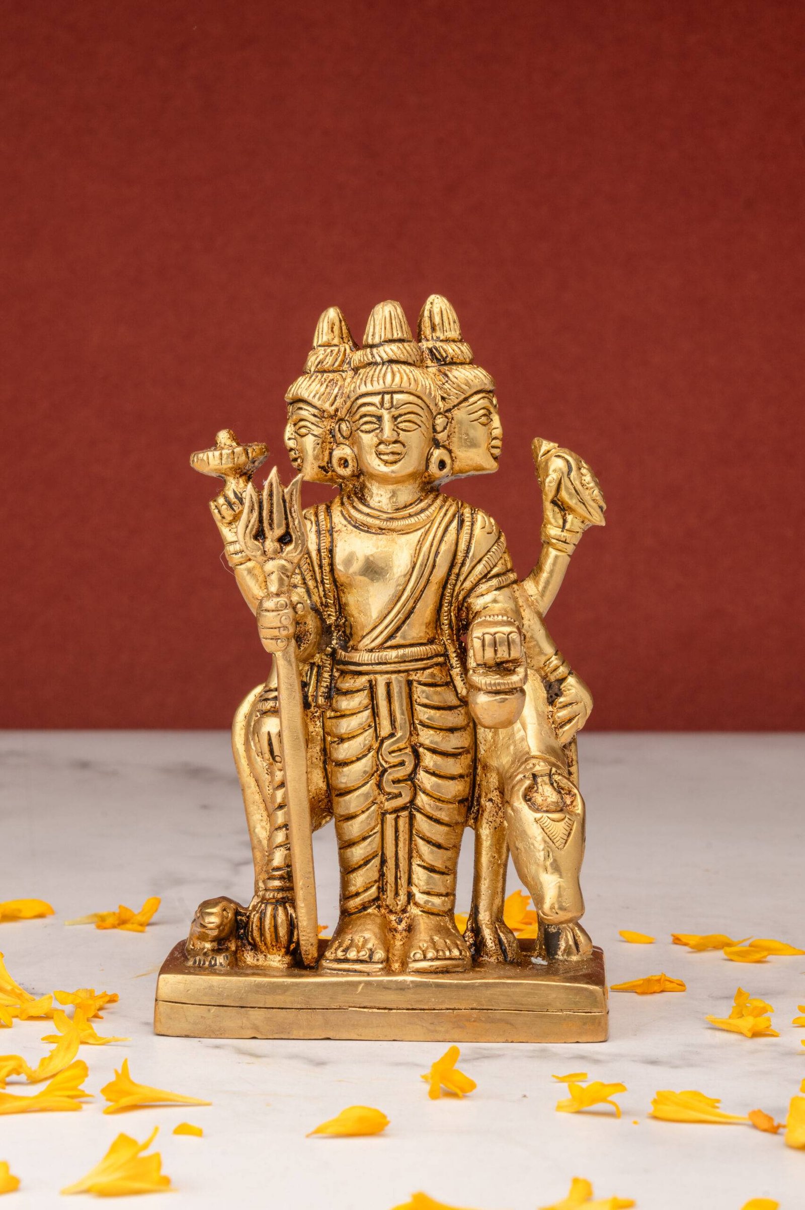 Brass-Dattatreya-48-8-scaled-1.jpg Standing Brass Dattatreya Idol – the Divine Unity – 4.5 Inch - Image 1