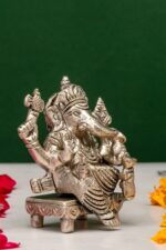 Brass Silver Coated Ganesh Laxmi Saraswati Idols – On Chowki – 3.15 Inch - Image 7