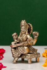 Brass Silver Coated Ganesh Laxmi Saraswati Idols – On Chowki – 3.15 Inch - Image 4