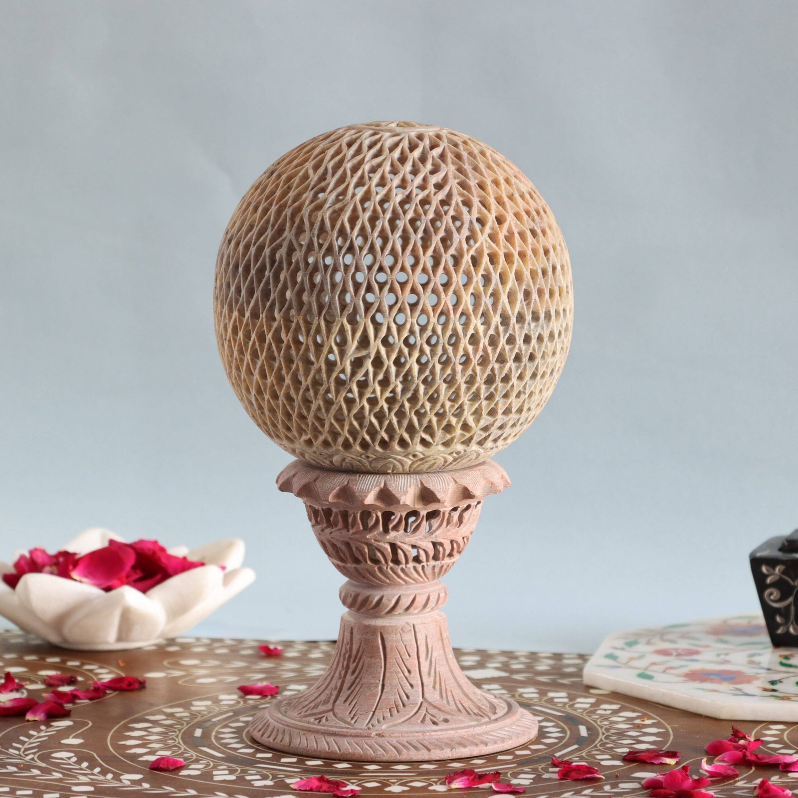 IMG_2703-scaled-1.jpg Hand Carved Soapstone Tealight Candle Holder and Lamp with Stand - Image 1