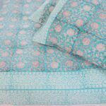 Sweet Lotus Turquoise Hand Block Print Double Bed King Size Cotton Bed Sheet - Image 7