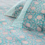 Sweet Lotus Turquoise Hand Block Print Double Bed King Size Cotton Bed Sheet - Image 9