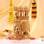 Hand-Carved Wooden Elephant – Intricate Hunting Scene Decor