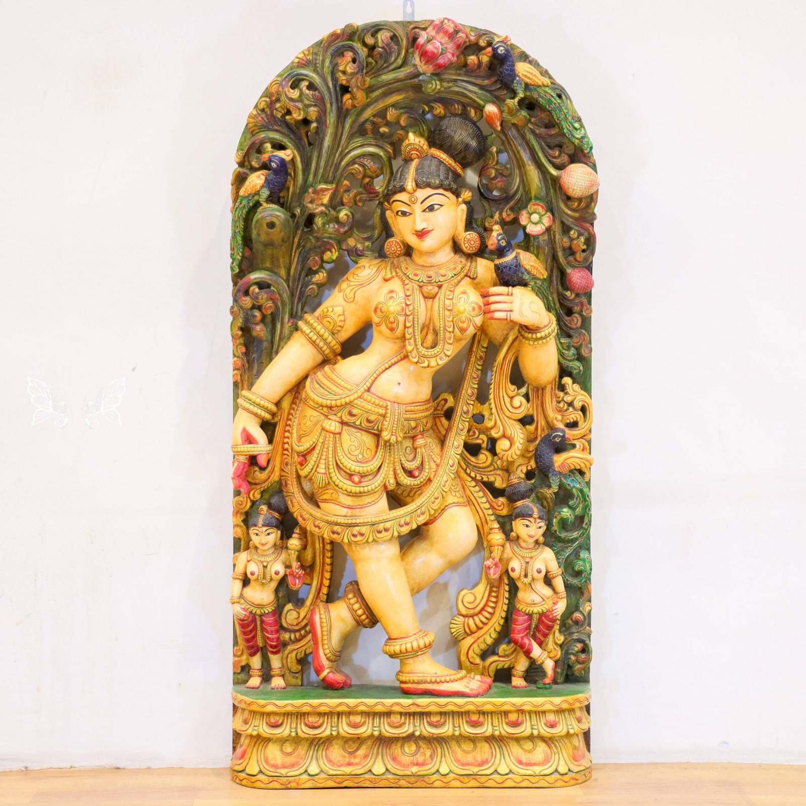 apsara-women-wood-carving-4-scaled-1.jpg Handcrafted Wooden Apsara Wall Panel (4 feet) – Antique Madanika Celestial Nymph Wood Carving - Image 1