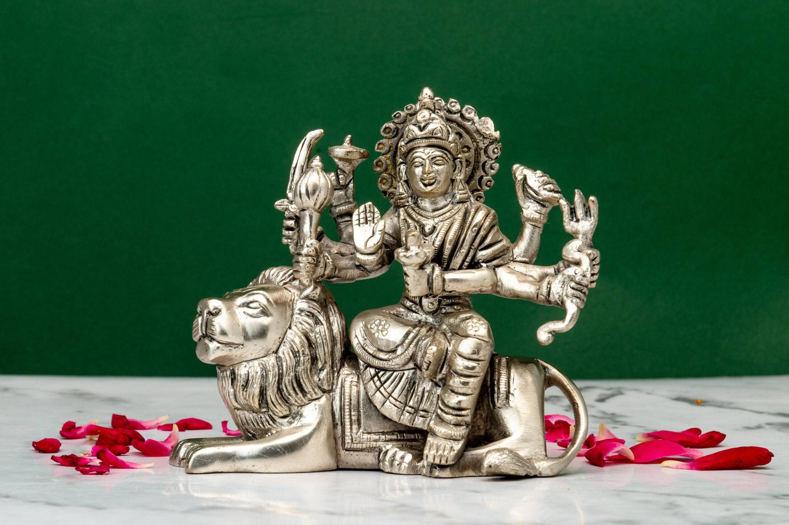 brass-Durga-391-8-scaled-1.jpg Brass Superfine Ma Durga Idol with Sitting Lion – Ashtabhuja – Silver Coated – 3.75 Inch - Image 1