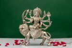 Brass Superfine Ma Durga Idol on Lion – Ashtabhuja – Silver Coated – 7.10 Inch