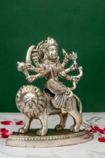 Brass Superfine Ma Durga Idol on Lion – Ashtabhuja – Silver Coated – 7.15 Inch - Image 5
