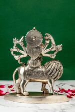 Brass Superfine Ma Durga Idol on Lion – Ashtabhuja – Silver Coated – 7.15 Inch - Image 4