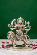 Brass Superfine Ma Durga Idol on Lion – Ashtabhuja – Silver Coated – 7.15 Inch
