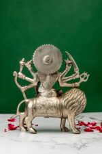 Brass Superfine Ma Durga Idol on Lion – Ashtabhuja – Silver Coated – 8 Inch - Image 3