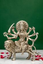 Brass Superfine Ma Durga Idol on Lion – Ashtabhuja – Silver Coated – 8 Inch