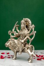 Brass Superfine Ma Durga Idol on Lion – Ashtabhuja – Silver Coated – 8 Inch - Image 2