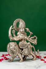 Brass Superfine Ma Durga Idol on Lion – Ashtabhuja – Silver Coated – 8.5 Inch - Image 4