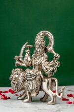 Brass Superfine Ma Durga Idol on Lion – Ashtabhuja – Silver Coated – 8.5 Inch - Image 2
