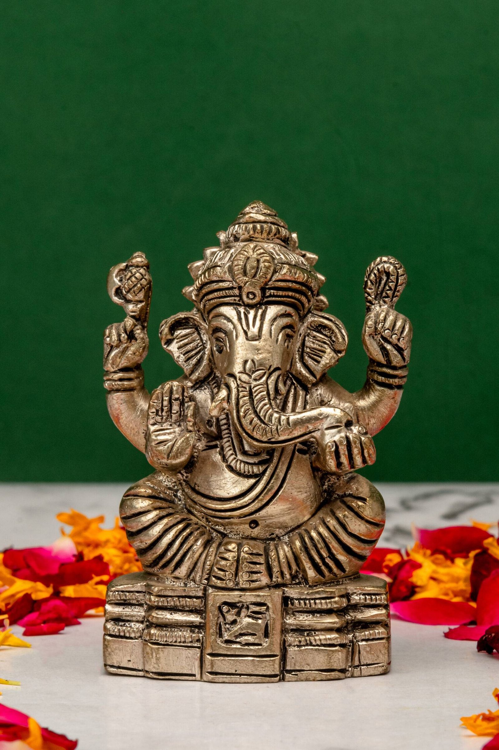 brass-Ganapati-582-8-scaled-1.jpg Brass Silver Coated Superfine Ganapati Idol – Vighnaharta – 2.75 Inch - Image 1