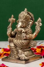 Brass Silver Coated Superfine Ganapati Idol – Detail Carving – 4 Inch - Image 2