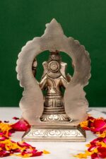 Brass Silver Coated Superfine Ganapati Idol – Detail Carving – With Frame – 5.5 Inch - Image 3