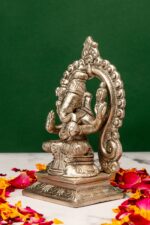 Brass Silver Coated Superfine Ganapati Idol – Detail Carving – With Frame – 5.5 Inch - Image 2