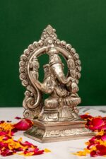Brass Silver Coated Superfine Ganapati Idol – Detail Carving – With Frame – 5.5 Inch - Image 4