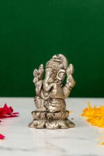 Brass Silver-Coated Superfine Ganesh Laxmi Idol – On Lotus – 2.35 Inches - Image 7