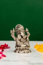 Brass Silver-Coated Superfine Ganesh Laxmi Idol – On Lotus – 2.35 Inches - Image 6