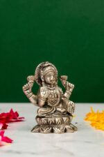 Brass Silver-Coated Superfine Ganesh Laxmi Idol – On Lotus – 2.35 Inches - Image 2