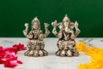 Brass Silver-Coated Superfine Ganesh Laxmi Idol – On Lotus – 2.35 Inches