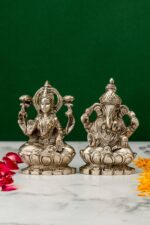 Brass Silver-Coated Superfine Ganesh Laxmi Idol – On Lotus – 3.50 Inches