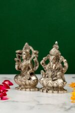 Brass Silver-Coated Superfine Ganesh Laxmi Idol – On Lotus – 3.50 Inches - Image 2
