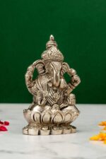 Brass Silver-Coated Superfine Ganesh Laxmi Idol – On Lotus – 3.50 Inches - Image 6