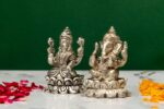 Brass Silver-Coated Superfine Ganesh Laxmi Idol – On Lotus – 2.75 Inches - Image 2