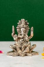 Brass Silver-Coated Superfine Ganesh Laxmi Idol – On Lotus – 3.15 Inches - Image 10