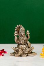 Brass Silver-Coated Superfine Ganesh Laxmi Idol – On Lotus – 3.15 Inches - Image 4