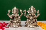 Brass Silver-Coated Superfine Ganesh Laxmi Idol – On Lotus – 4 Inches