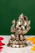 Brass Silver-Coated Superfine Ganesh Laxmi Idol – On Lotus – 4 Inches - Image 5