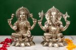 Brass Silver-Coated Superfine Ganesh Laxmi Idol – On Lotus – 6.70 Inches