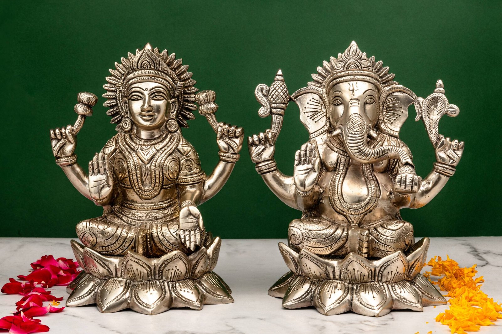 brass-Ganesh-Laxmi-559-20-scaled-1.jpg Brass Silver-Coated Superfine Ganesh Laxmi Idol – On Lotus – 6.70 Inches - Image 1