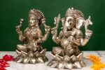 Brass Silver-Coated Superfine Ganesh Laxmi Idol – On Lotus – 6.70 Inches - Image 2