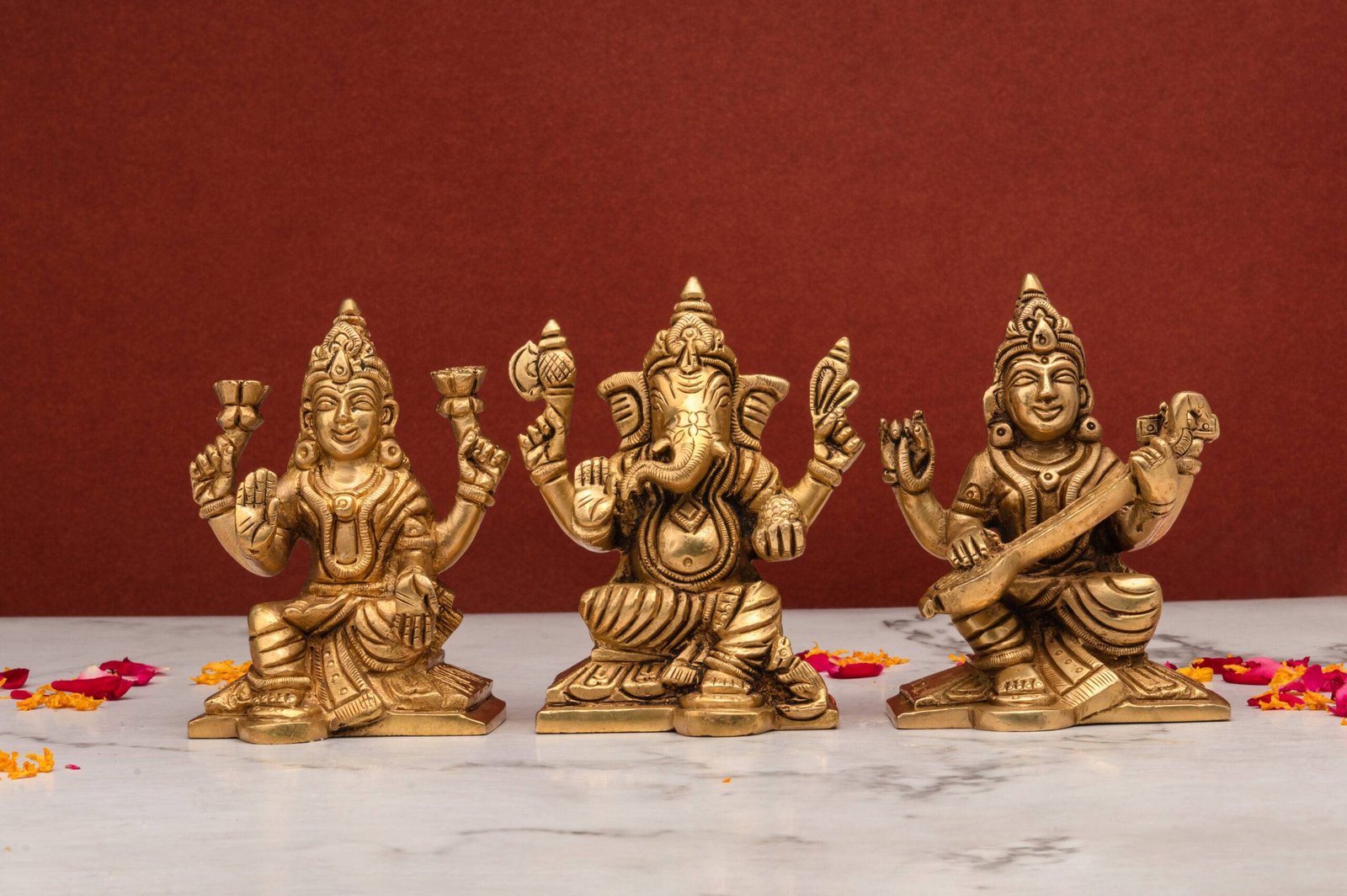 brass-Ganesh-Laxmi-Saraswati-313-8-scaled-1.jpg Brass Superfine Ganesh Laxmi Saraswati Idols – Detailed Carving – 4.5 Inch - Image 1