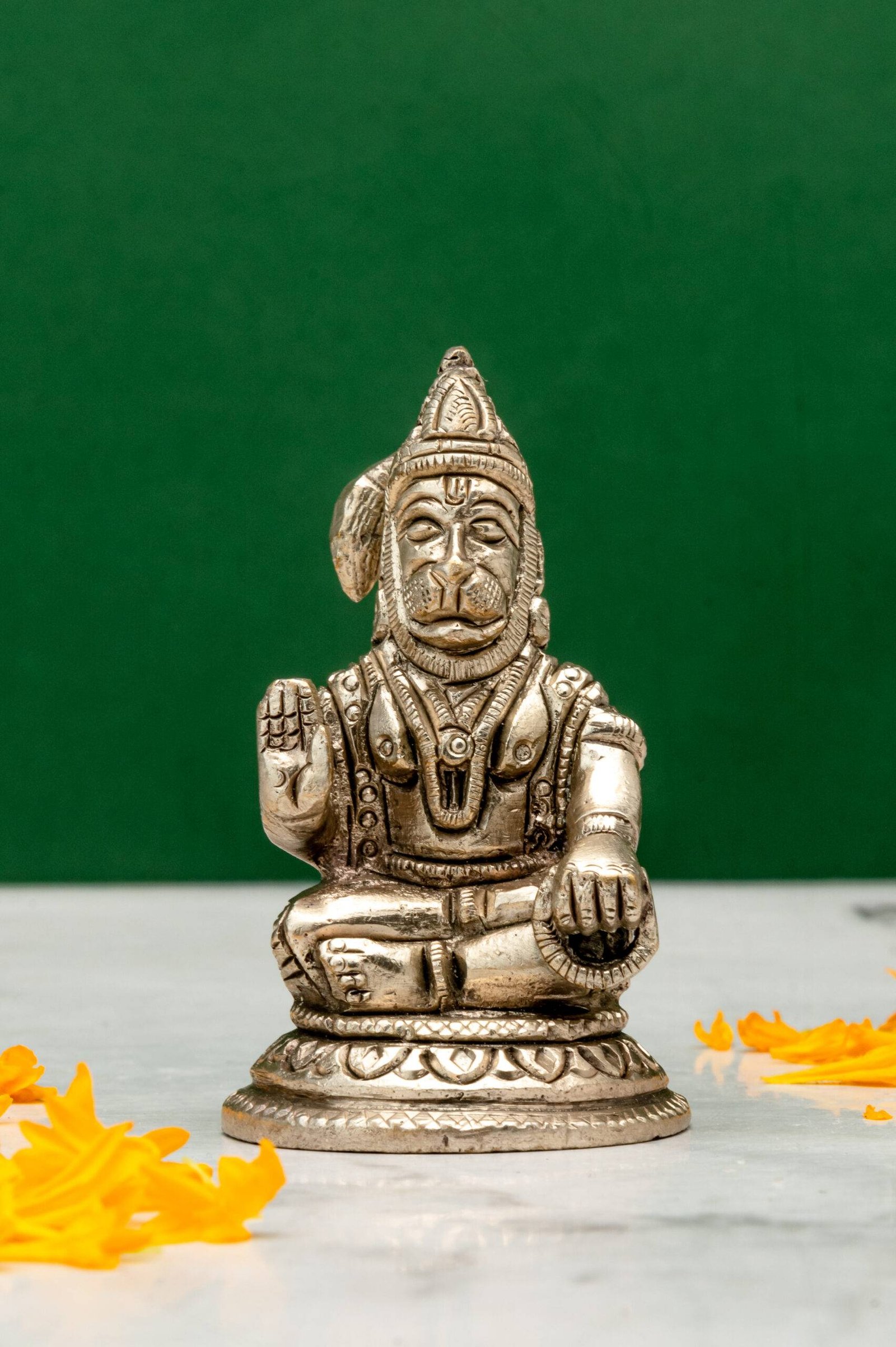brass-Hanuman-407-8-scaled-1.jpg Brass Silver Coated Sitting Hanuman Idol – Aashirwaad Mudra with Tulsi Mala – 3 Inch - Image 1
