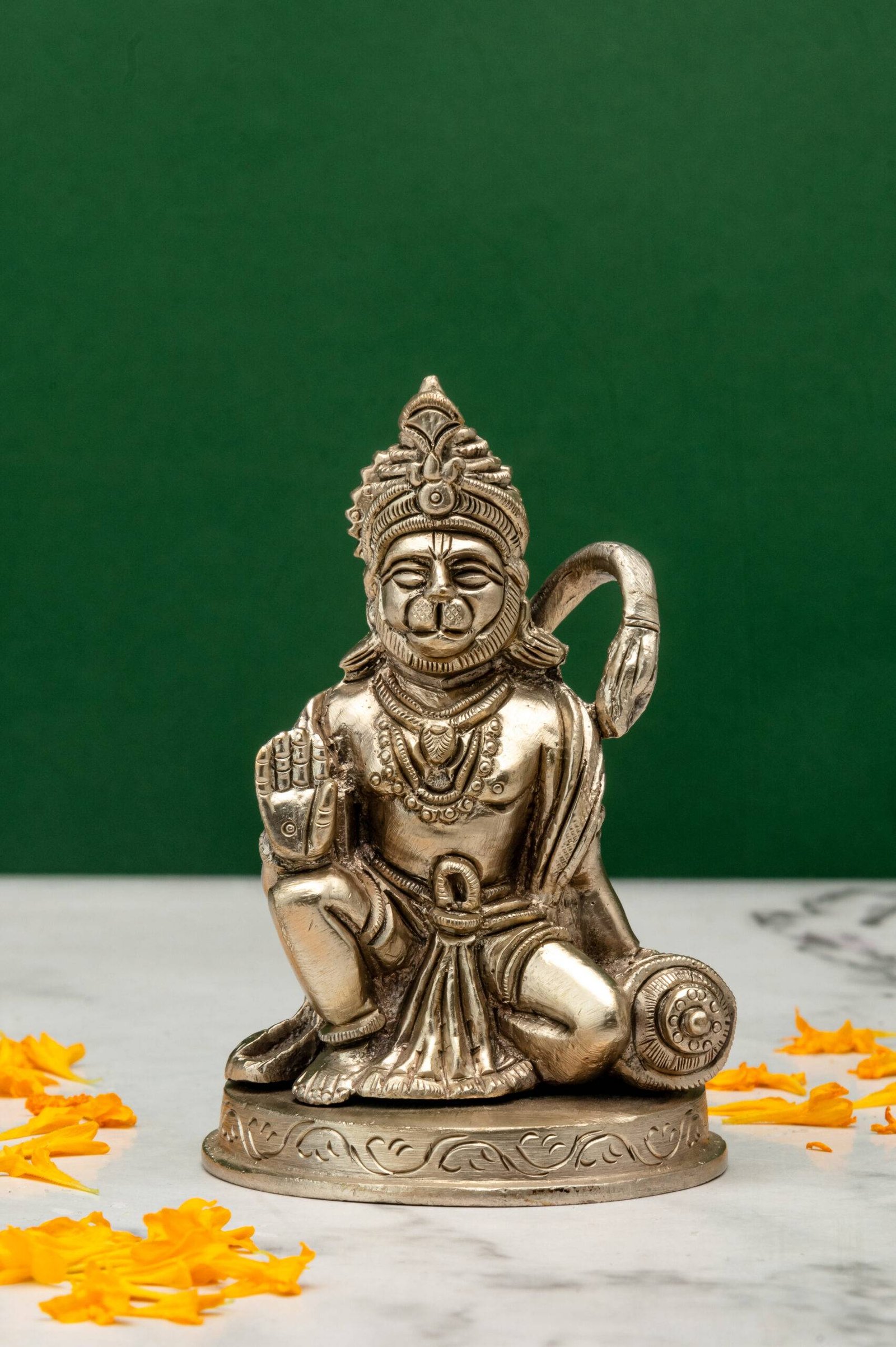 brass-Hanuman-413-8-scaled-1.jpg Brass Silver-Coated Hanuman Idol – Kneeling with Aashirwaad Mudra – 4.35 Inch - Image 1