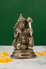 Brass Silver-Coated Hanuman Idol – Kneeling with Aashirwaad Mudra – 4.35 Inch