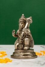 Brass Silver-Coated Hanuman Idol – Kneeling with Aashirwaad Mudra – 4.35 Inch - Image 2