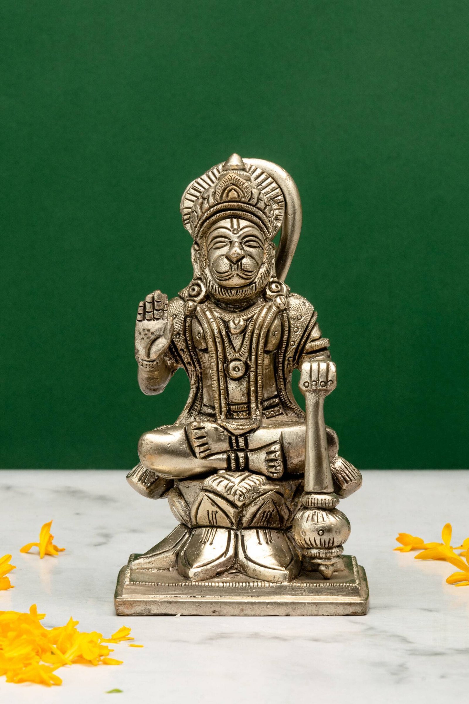 brass-Hanuman-417-8-scaled-1.jpg Brass Superfine Silver-Coated Sitting Hanuman Idol – On Lotus – Aashirwaad Mudra – 5 Inch - Image 1
