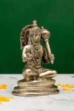 Brass Silver-Coated Sitting Hanuman Idol holding Gada- Aashirwad Mudra – 5.5 Inch - Image 4