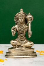 Brass Silver-Coated Sitting Hanuman Idol holding Gada- Aashirwad Mudra – 5.5 Inch