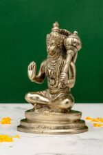 Brass Silver-Coated Sitting Hanuman Idol holding Gada- Aashirwad Mudra – 5.5 Inch - Image 2