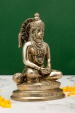 Brass Silver-Coated Sitting Bajrang Bali Idol – Dhyan Mudra – 6 Inch - Image 4