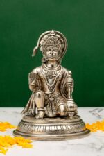 Brass Superfine Silver-Coated Hanuman Idol – Ashirwad Mudra – Kneeling – 7 Inch